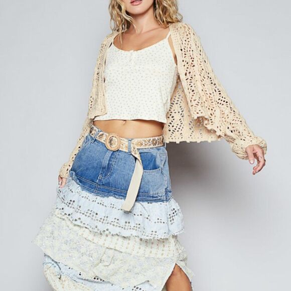 POL Clothing Floral Patchwork Eyelet Ruffle Denim Maxi Skirt NEW! - Picture 2 of 13